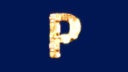 Wall Mural - letter P, futuristic burning orange cyber punk font on blue screen, isolated - object 3D illustration