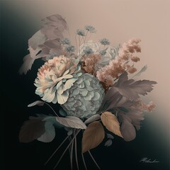 Sticker - a painting of a bouquet of flowers on a black background with leaves and flowers in the center of the picture.