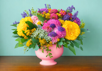 Beautiful, vivid, colorful mixed flower bouquet still life detail Generative AI