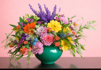 Beautiful, vivid, colorful mixed flower bouquet still life detail Generative AI