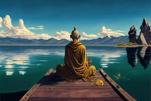A Painting Of A Person Sitting On A Dock Looking Out At The Water And Mountains In The Distance With A Yellow Flower In The Foreground And A Blue Sky With Clouds
