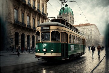 Poster - a green and white trolley on a city street with people walking by it and a building in the background with a clock tower on top of it's corner.