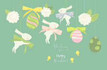 Happy Easter Greeting Card With Cute White Bunnies And Eggs