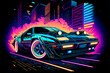 Future Retro Cartoon car with neon sign and lights. Colorful with dark background
generative ai