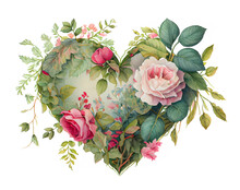 Romantic Heart Vignette Made Of Vintage Flowers And Leaves Of Roses In Gentle Retro Style Watercolor Painting Generative AI Art	