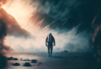 Wall Mural - a spaceman walking through a misty distant planet landscape. generative ai