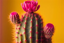 Colourful Pink Cactus Plant Against Yellow Background