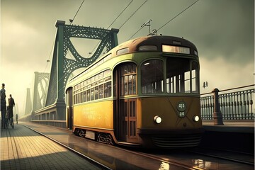 Poster - a train traveling down tracks next to a bridge and a person walking on a sidewalk near a train track and a bridge with a man walking on a bike on the other side