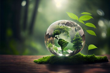 World environment and earth day concept with glass globe and eco friendly enviroment. Generative AI