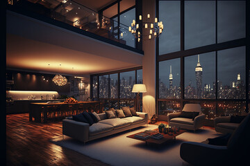 Penthouse Living Room, Luxury Apartment with Skyline City View, Generative ai