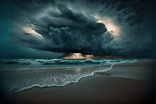 A Storm Is Coming Over The Ocean With A Beach In The Foreground And A Dark Sky In The Background With A Sunbeam In The Distance.