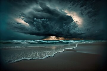 Wall Mural - a storm is coming over the ocean with a beach in the foreground and a dark sky in the background wit