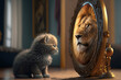 Leinwandbild Motiv kitten looking at round mirror on table, male lion inside mirror, close up. Generative AI