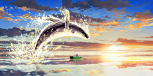 Giant Whale Jumping Over Small Fishing Boat In Beautiful Sunset Ocean Landscape Illustration