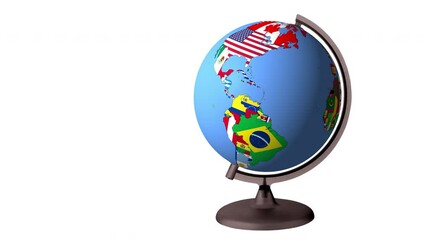 Wall Mural - 3d animation of the earth globe rotating with flags of the world. Planet earth model spinning on base isolated on white background.Alpha channel.3d rendering.