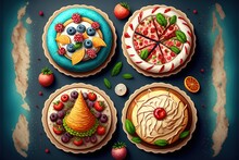 A Set Of Four Cakes With Fruit On Them And A Pie On The Top Of The Cake Is Decorated With Leaves And Berries And A Pie Is Surrounded By Other Fruit And Berries And A Piece Of Paper