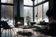 © Nataly - Scandinavian interior of chalet wooden living room with big windows overlooked winter forrest, fireplace and cosy atmosphere. Content for Real estate companies.