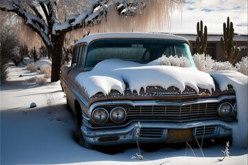 Canvas Print - an old car is covered in snow in a snowy forest area with trees and snow on the ground and a few branches in the background.