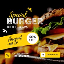 Bold Yellow Burger Restaurant Instagram Promotional Sale Design Advertisement And Social Media Post.
