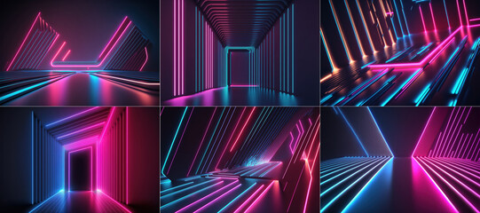 Leinwandbilder - Neon abstract lines design on gradient background. Shiny lines texture abstract neon background with ascending. 3D illustration