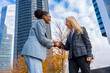 © unai - Multi-ethnic businesswomen and executives, smiling and greeting by shaking hands in a business park