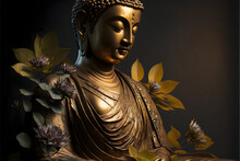Golden Buddha Statue With Flower, Dark Simple Background, Dark Background, Simple Illustration Digital Generative Ai Design Art Style