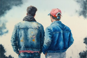  a painting of two men standing next to each other looking at the sky and clouds behind them, one wearing a pink hat and the other wearing a blue jacket and a red cap,. Generative AI