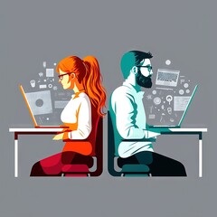 Poster -  a man and a woman sitting at a desk with laptops on their laps, with a graphic of a man and woman on their laptops backs, both of which are facing each other. Generative AI