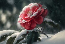  A Red Flower Is Covered In Snow On A Branch With Leaves And Snow Flakes On It, With A Dark Background Of Trees And Snow - Covered Branches, And A Few Leaves,.