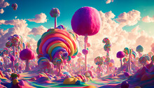 A Fairy Tale Landscape Full Of Sweets, Candies, And Cotton Candy Creates A Whimsical And Fantastical Scene. Generative AI