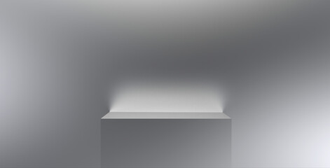 3D illustration of grey cube pedestal in a minimal background for mockup, blank stand for product and display on white banner web, e-commerce and wallpaper