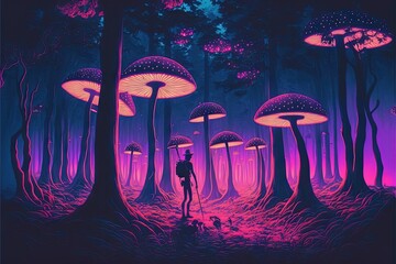 Poster - a man standing in a forest with a dog under a purple light in the background of mushrooms and trees,