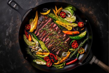  a pan with a steak and vegetables cooking in it on a table top with a spatula and a knife next to it on a black surface with a black surface with a black surface. Generative AI