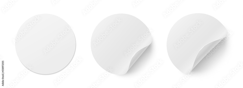 A set of three realistic stickers with curved edges on a white ...