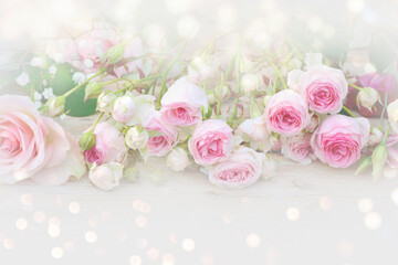 Wall Mural - Beautiful bouquet with pink roses and bokeh lights - mother's day, birthday, wedding - greeting card with copy space