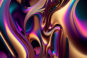 Wall Mural - Iridescent liquid metal surface with ripples. 3d illustration. Abstract fluorescent background. Decoration for futuristic design. Ultraviolet viscous substance. Generating Ai.