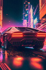 Wall Mural - Cars and City Background. Hand drawn Future style illustartion, synthwave and retro style, granular texture Generative AI