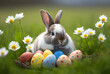 Easter bunny sits in the meadow, high grass, surrounded by colorful Easter eggs. Generative AI