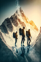 Sticker - Group of mountaineers. Multiple high alpine climbers in front of a gigantic mountain. Designed using generative ai.