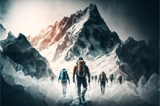 Wall Mural -  - Group of mountaineers. Multiple high alpine climbers in front of a gigantic mountain. Designed using generative ai.