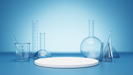 product display podium and set of laboratory glassware. 3d rendering. 3d illustration.