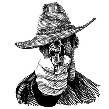 Illustration Of A Cowboy Portrait Holding A Gun.