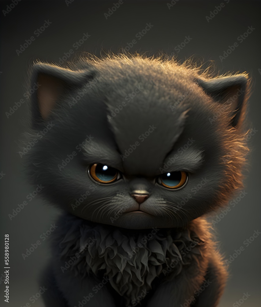 This cute little black kitten is looking directly into the camera with ...