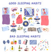 © sanumko - Vector good sleep habits set. Doodle icons for bad habits of bad sleep including temperature, fresh air, walking, reading a book, meditation. Young man, woman sleeping in bed with pillows and blanket