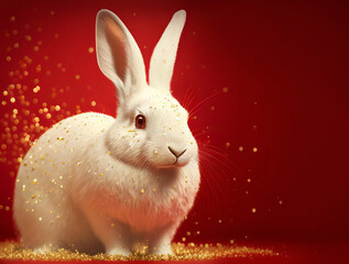 Wall Mural - white fluffy bunny rabbit with golden confetti and bokeh on red background generative ai