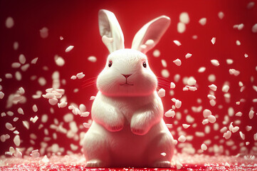 Wall Mural - white fluffy bunny rabbit with snow and confetti on red background generative ai