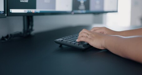 Poster - UX design, hands typing at desk and working on software project on computer in office. Internet, programmer or web designer coding and programming website app for digital networking analytics company