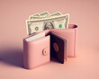 Cashback and money refund icon concept. Wallet, dollar bill and coin stack, online payment on pink background. 3d render illustration (ai generated)