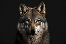 Portrait Of Adult Wolf On Black Background, Generative Ai