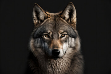 Portrait of adult wolf on black background, generative ai